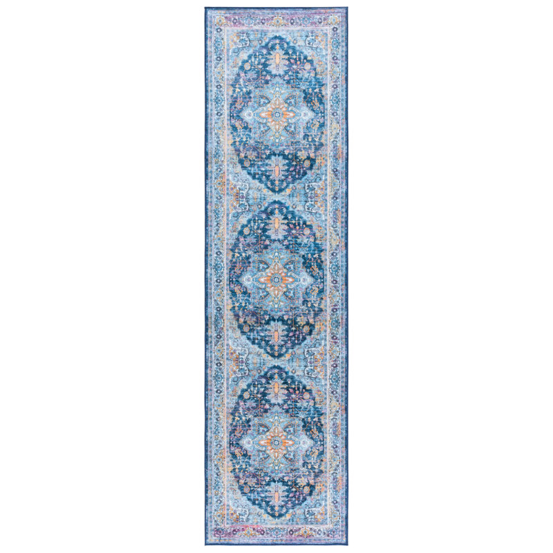 Wintress Orlando Felt/Velvet/Laminated Film Machine Washable Southwestern Rug in Light Blue/Navy, Runner 2'2" x 8'