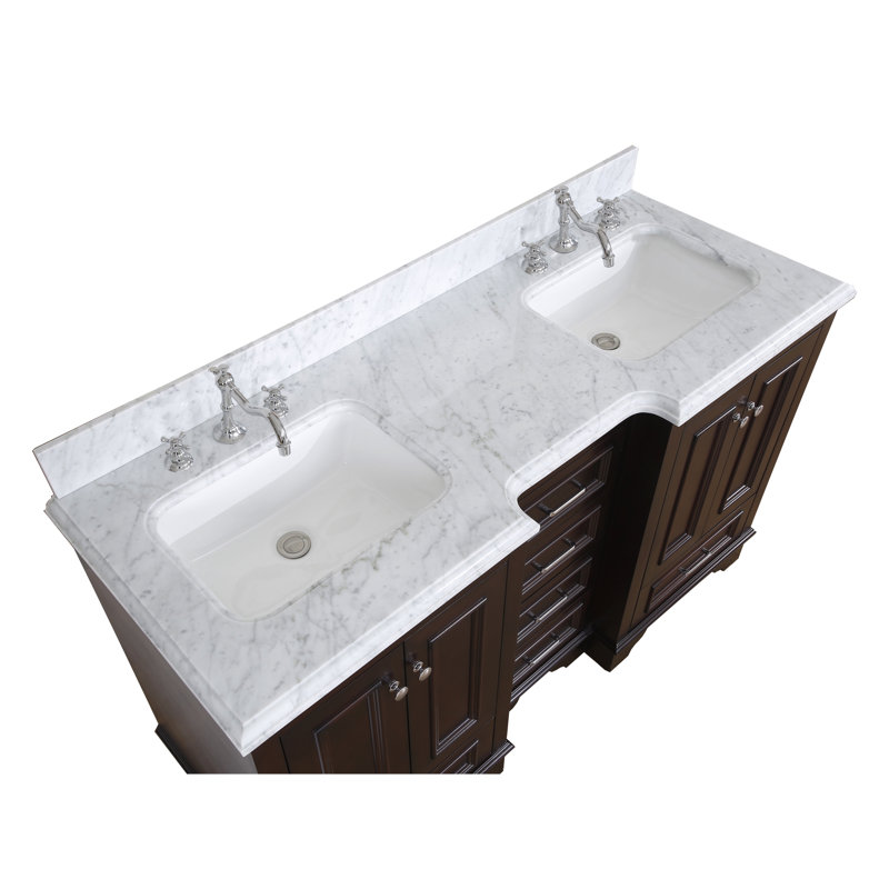 Ensemble de meuble-lavabo double 60 po Loughlam, Chocolat, Marbre de Carrare