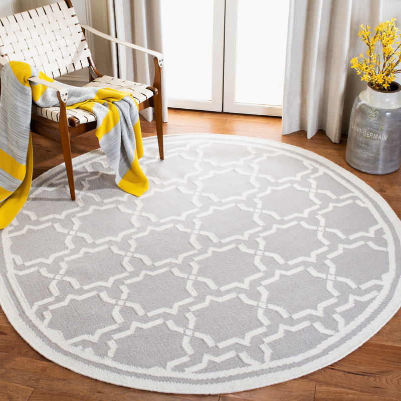 Rodgers Hand Woven Flat Weave Wool/Cotton Geometric Rug in Gray/Ivory, Round 8'