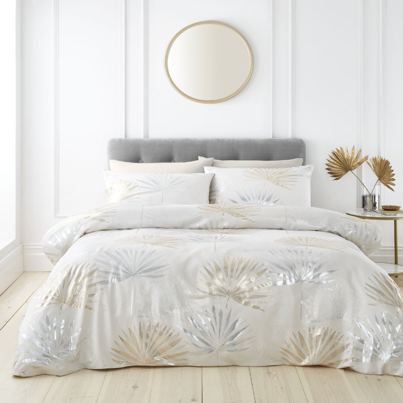 Luxe Palm Jacquard Super King Duvet Cover Set with Pillowcases Silver Grey Gold, Super King  - 2 Standard Pillowcases