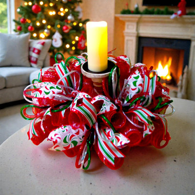 Festive Christmas Table Centerpiece with Red & Green Mesh, Holiday Ribbons & Sparkle – 18" x 18" x 6" D