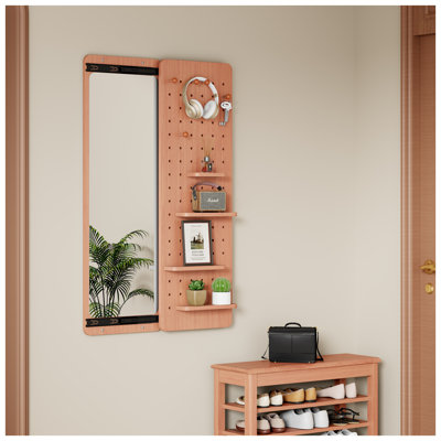 Miroir mural pleine longueur avec tablette et crochets - Miroir complet en cerisier avec panneau multifonctionnel pour la chambre à coucher, le salon et l'entrée