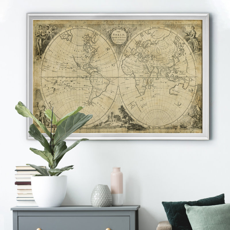 Carte non décorée des découvertes du monde - reproduction de cadre photo, Argent, H 30,5 po x l 42,5 po x P 1,5 po