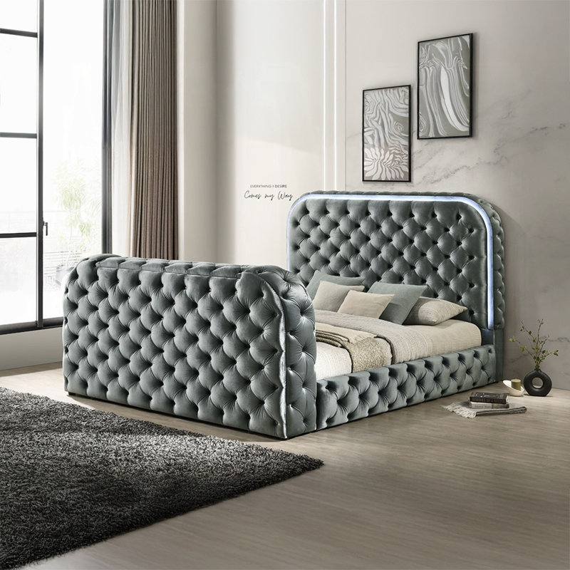 Lit Kana avec conduit, foyer et meuble télé, gris, Grand