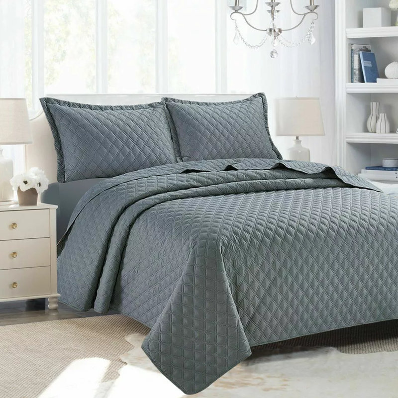 Polyester Solid Colour Bedspread with Pillow Shams, Grey, King Bedspread + 2 Standard Shams