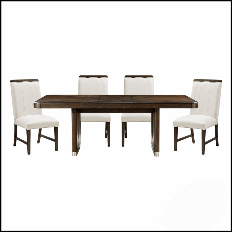 Ensemble de salle à manger moderne extensible avec 6 chaises rembourrées beiges, table en bois durable et accents métalliques pour le confort et le style