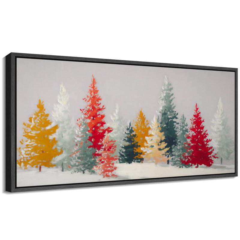 «Christmas Holiday Celebration Colorful Snowy Pine Forest», très grande image, impression sur toile encadrée, Noir