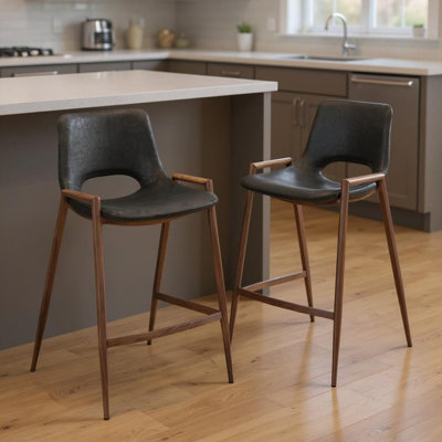 Set of Two 26" Black and Brown Faux Leather and Steel Low Back Counter Height Bar Chairs