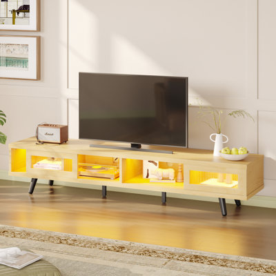 Meuble télé 70 po Mid-Century avec lumières DEL, portes coulissantes et console multimédia pour téléviseur de 75 po ou moins