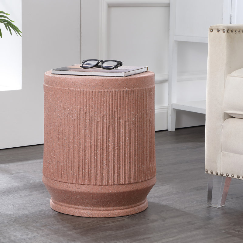 Kline 17.5" Modern Ribbed Pink Terrazzo UV-Resistant Resin Outdoor Accent Table, All-Weather Patio Drum Side Table & Garden Stool