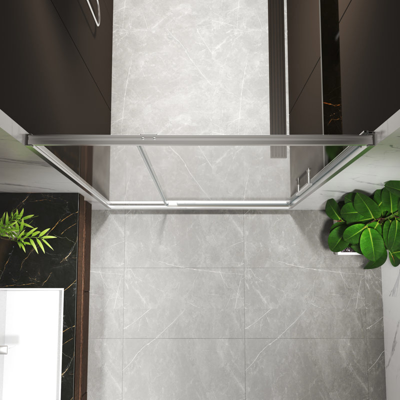 Porte de douche à pivot de 74 po de hauteur, 44 à 48 po de largeur, verre trempé de 5/16 po, nickel brossé, ouverture à l'extérieur, arrêt à 105 degrés, arbre de rebond automatique, installation rapide, plage de réglage de 4 po, acier inoxydable 304