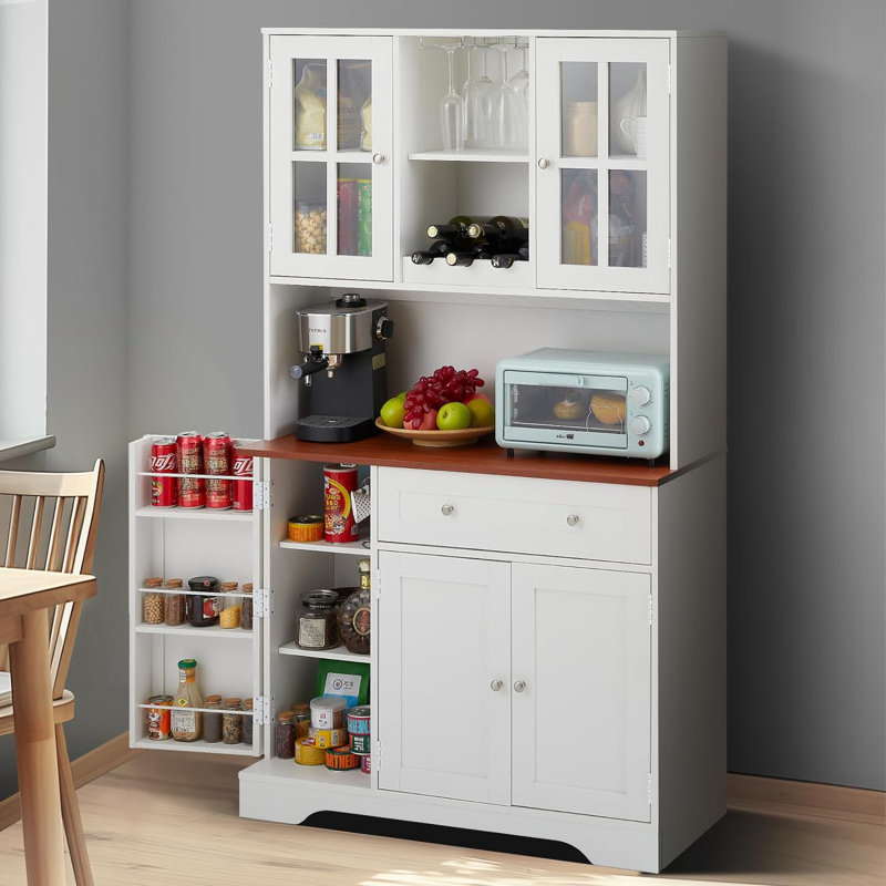 Armoire de rangement pour garde-manger 68 "avec station de charge et support pour micro-ondes, Blanc