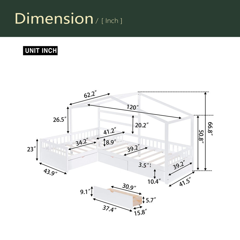 Lit plateforme simple avec trois tiroirs de rangement, White
