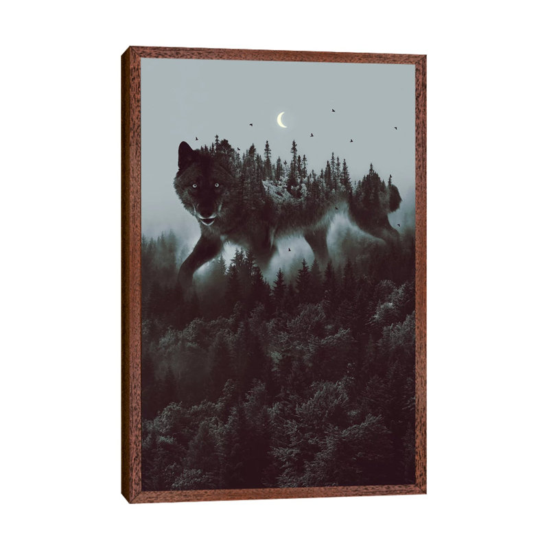 Noctivagant Black Wolf - Print on Canvas, 152.5 cm H x 101.5 cm W, Classic Brown Wood Framed