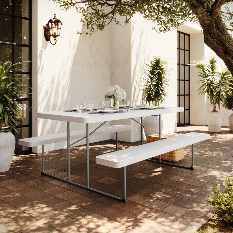 6 FT Folding Picnic Table - Steel Frame And HDPE Top And Benches, White