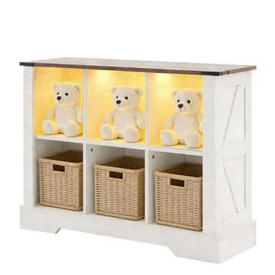 Bibliothèque à 6 cubes avec lumières à DEL, bibliothèque moderne de style Mid-Century, étagère de rangement de bibliothèque en bois rétro, tablettes ouvertes pour salle de jeux, chambre à coucher, salon, bureau