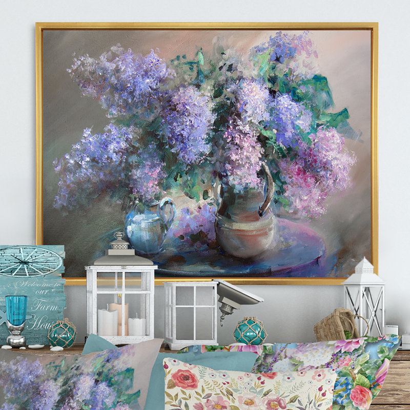 Nature morte avec des lilas - œuvre d'art traditionnelle sur toile, H 16 po x l 32 po x P 1 po, Toile avec cadre flottant or