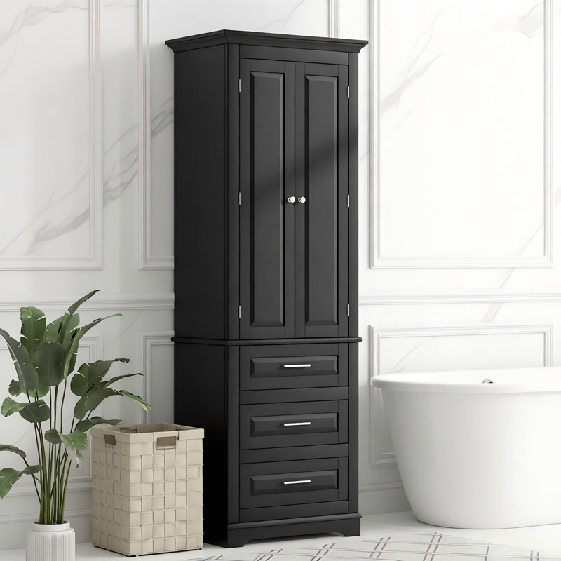 Grande armoire de rangement avec trois tiroirs pour salle de bain / bureau, noir, Black