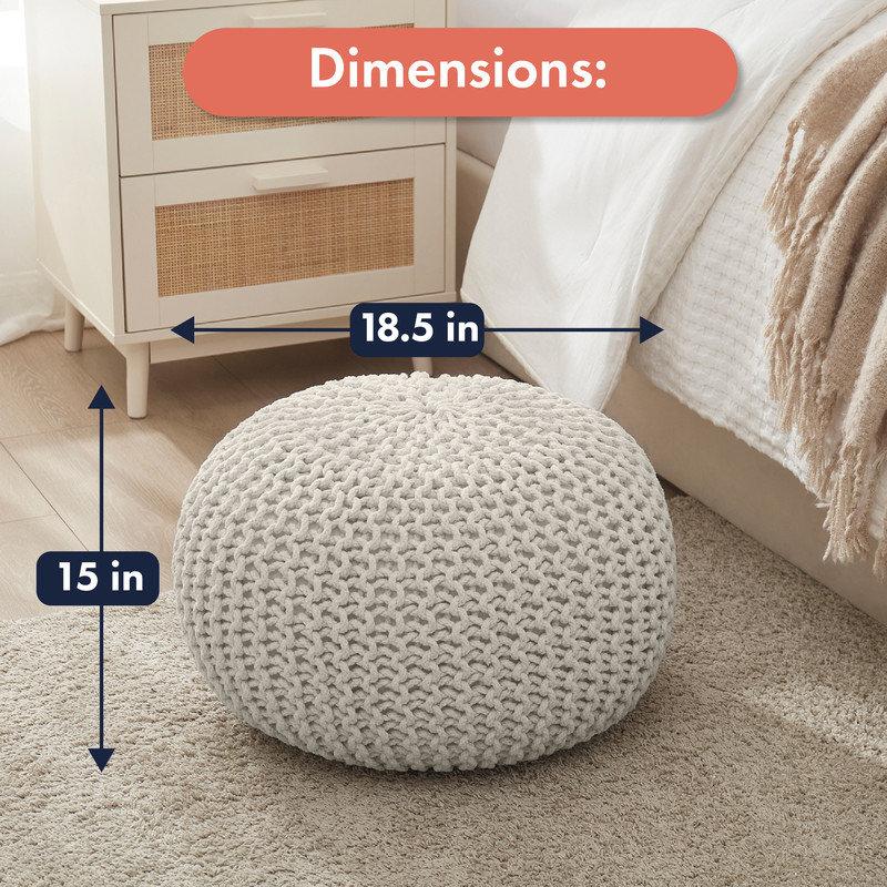 100% Cotton Hand Knitted Pouf Ottoman, Ivory