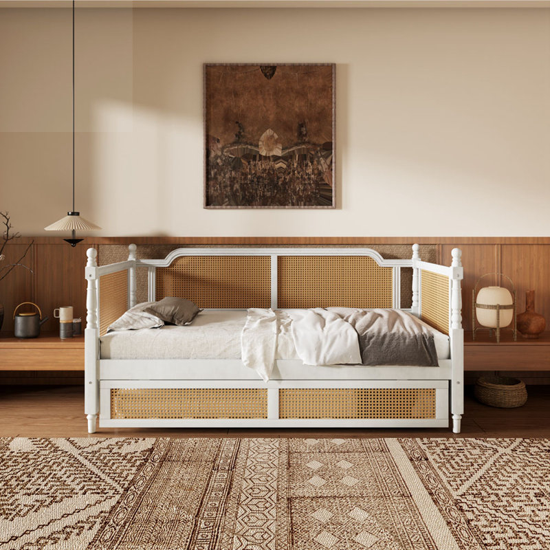 Chatney Traditional Style Rattan Daybed with  Trundle, Antique White, Full