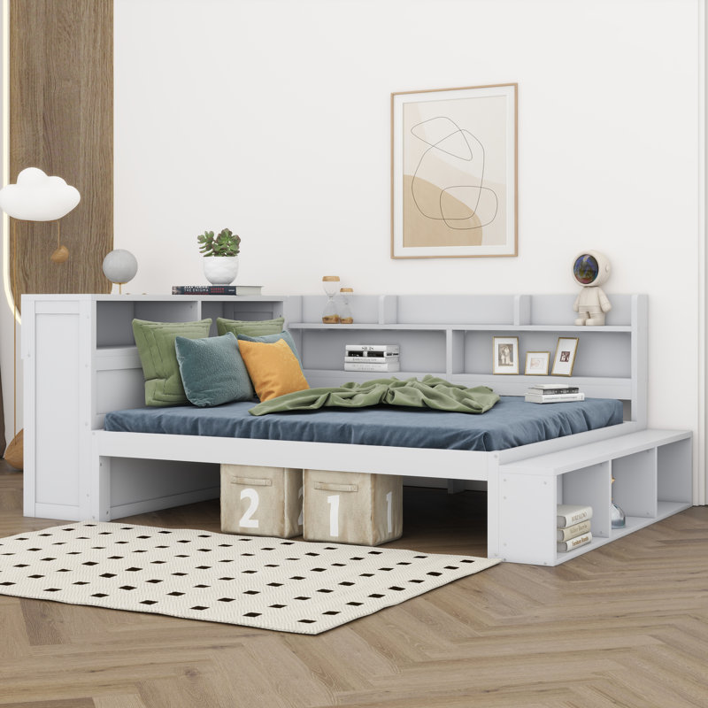 Lit de jour avec armoires de rangement, range-chaussures, structure en bois massif, ports USB pour la chambre à coucher, Gray