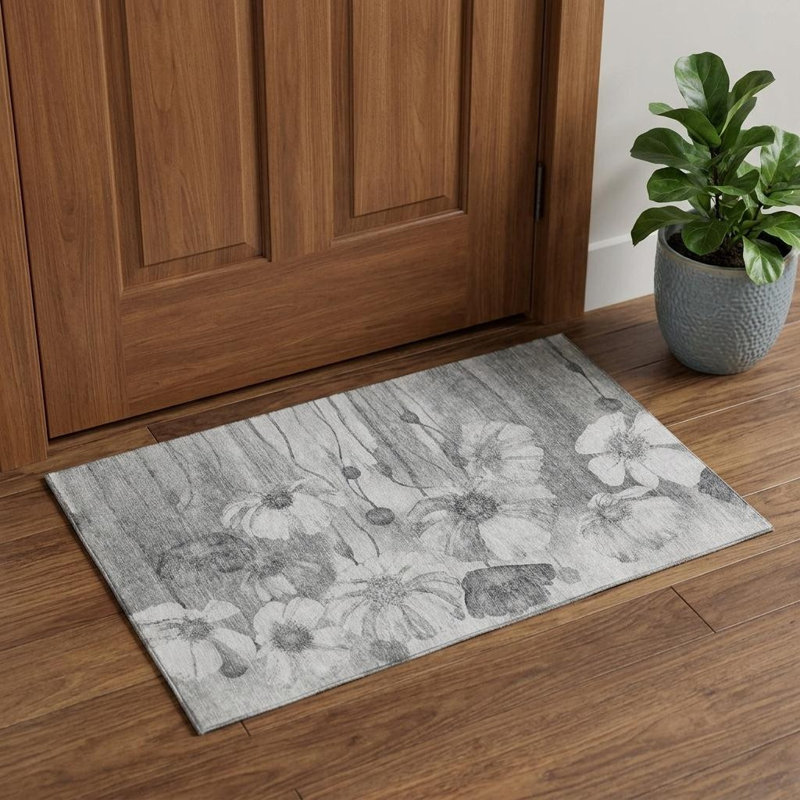 3' X 5' Gray And Silver Floral Washable Area Rug With UV Protection