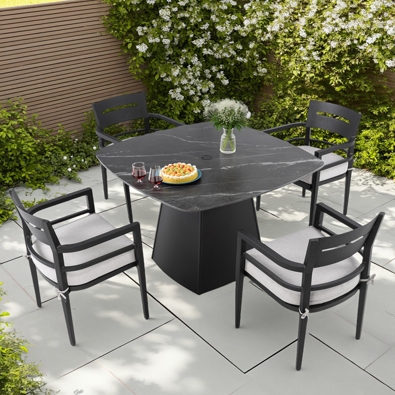 Ensemble de patio moderne 5 pièces - Table d'inspiration marbre grec et chaises en aluminium - Tissu Sunbrella toutes saisons