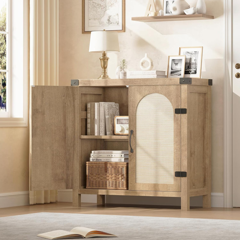 Farmhouse Boho Entryway Storage Cabinet – Adjustable Shelves, Spacious Buffet Sideboard, Accent Credenza for Kitchen, Dining, Living Room – Wood Grain