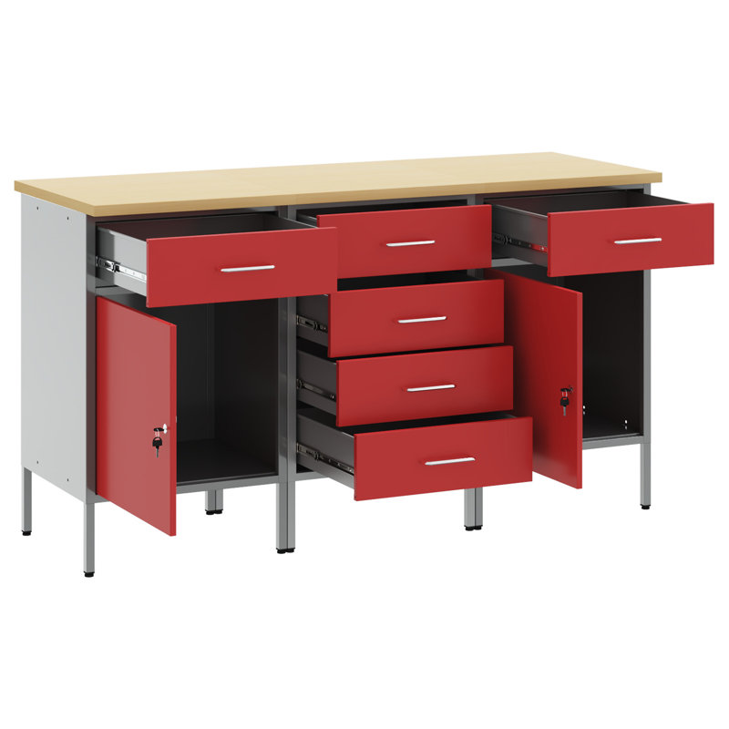 Set Of 3 Steel Medium Height-Adjustable Work Cabinet, Red