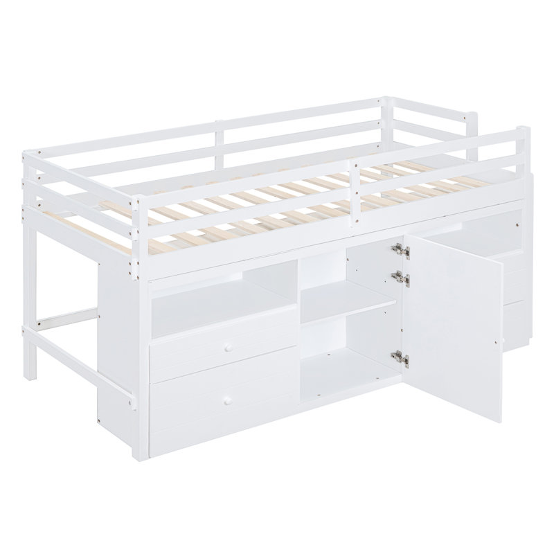 4 lit mezzanine simple blanc avec armoire et tablettes