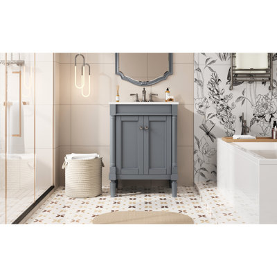 Meuble-lavabo moderne de 24 pouces, lavabo en céramique brillante, poignées en métal exquis, armoire de rangement, couleur grise, grand