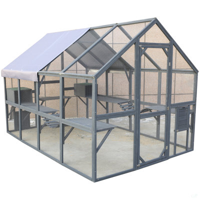 Cat Run Large Cat Enclosure Wooden Cat Catio Outdoor Kitty House With Bridges, Walks, Small Houses, Roof Cover 110 Inch