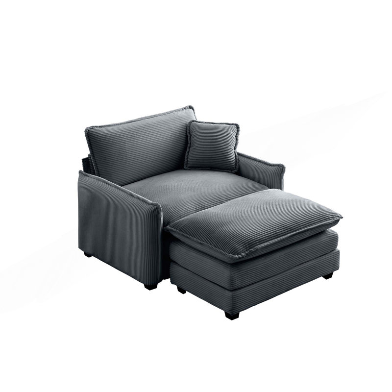 Canapé profond avec repose-pieds et coussin, Velours côtelé gris