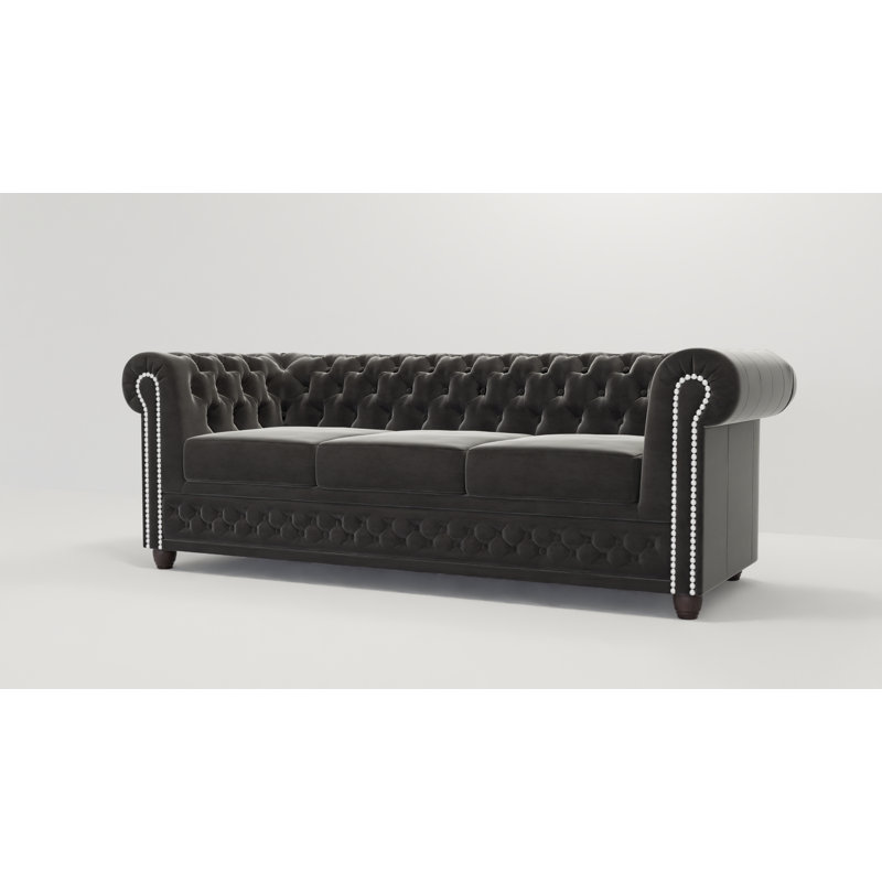 Chesterfield Hanna 3 Seater Sofa with Sleeping Function Made of Velvet Fabric with Solid Wood Legs, Black
