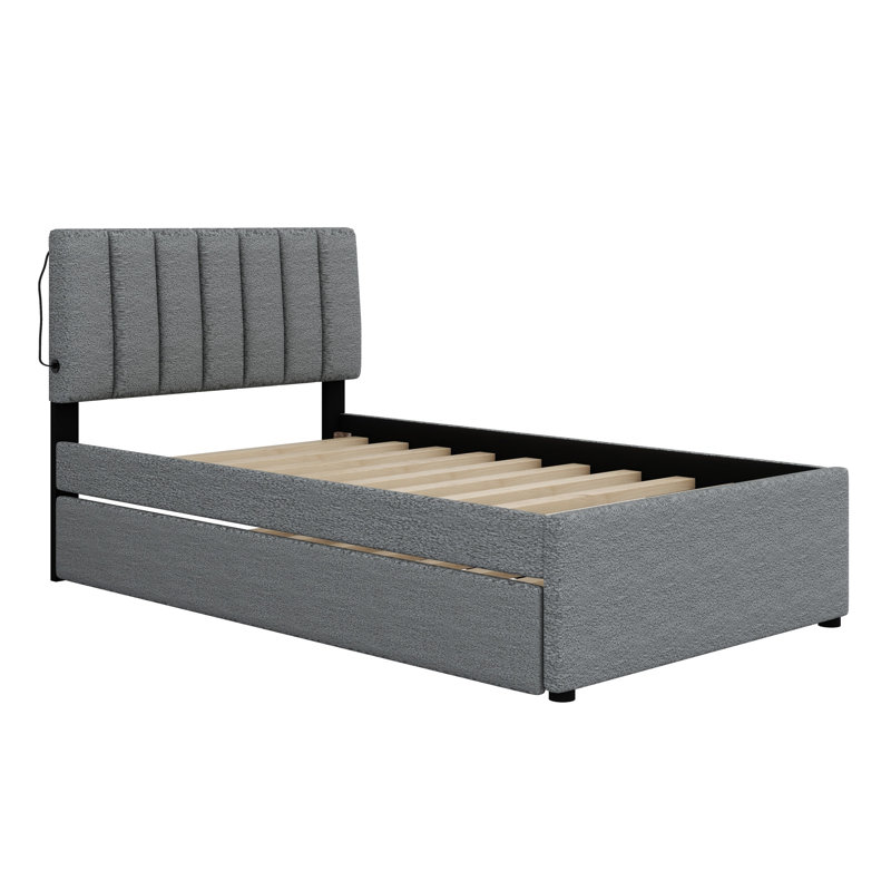 Lit plateforme tapissier avec lit gigogne, gris