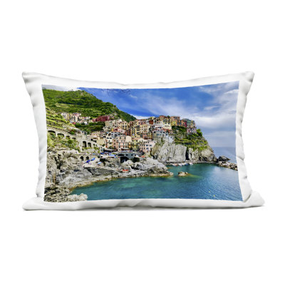 Townscape By The Sea Outdoor Printed Pillow design by LSR Creative Studio