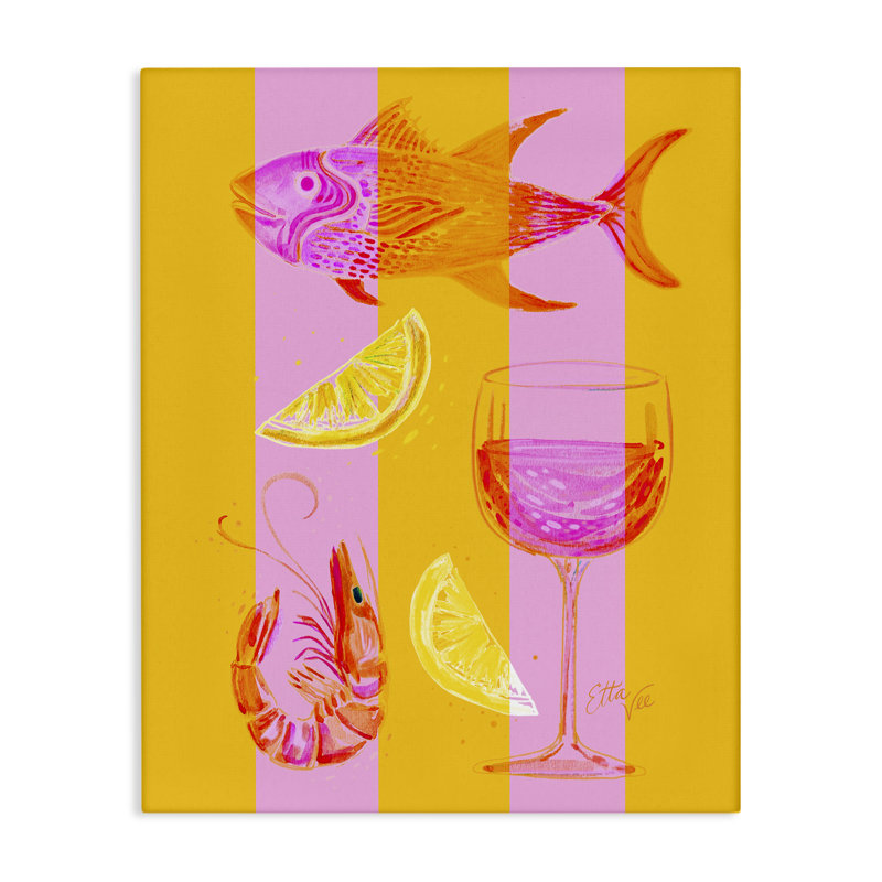 Été de fruits de mer sur toile rayée, design par EttaVee, H 20 po x l 16 po