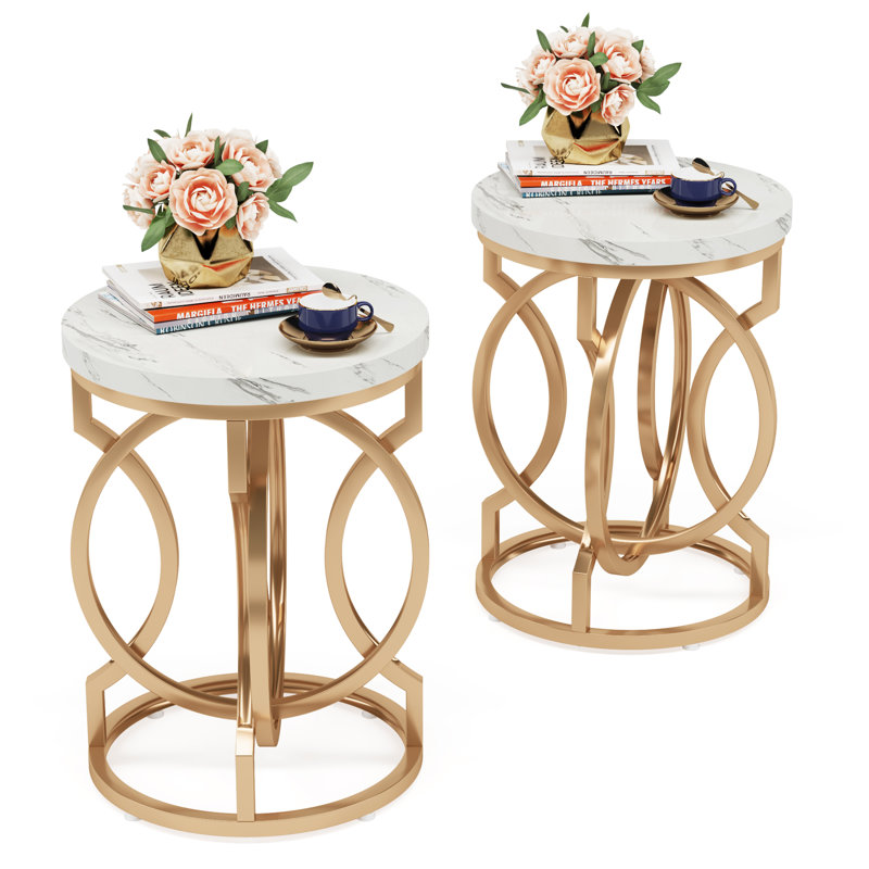 Modern Round End Table Set Of 2 With Faux Marble Texture Surface, White And Gold 20" Round Side Table Cocktail Table Accent Table