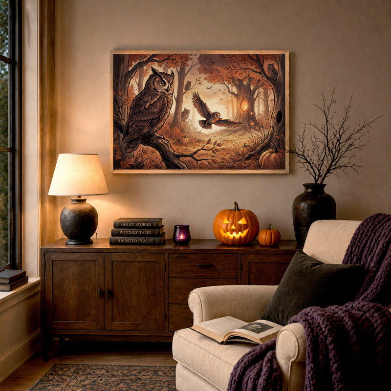 Chouettes brunes dans une forêt d'automne avec des citrouilles - Toile murale d'Halloween, 32"H x 48"W