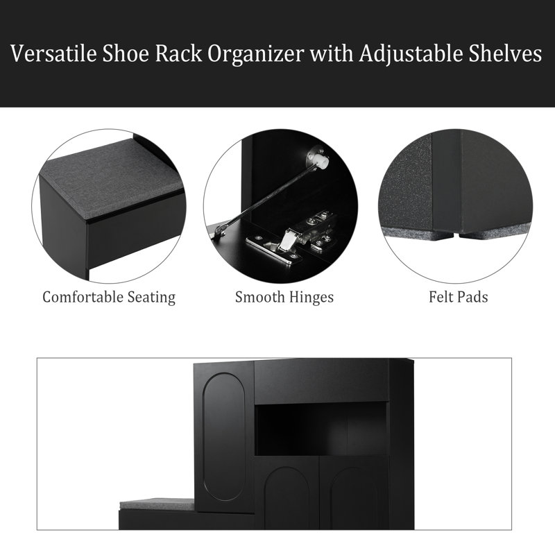 Élégant range-chaussures 2-en-1 avec coussin moelleux, banc de rangement moderne avec portes arquées et dispositifs de rebond, range-chaussures polyvalent avec tablettes réglables pour le couloir et le salon