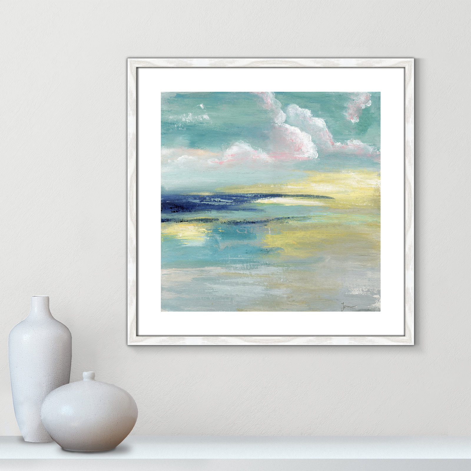 Bertie "Ocean View" Painting by Tava Studios, 24.75" H x 24.75" W x 0.75" D, White Wood Framed Paper
