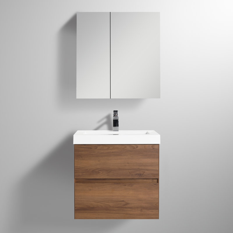 Meuble-lavabo mural 24 po avec lavabo - Armoire murale en bois avec plateau en acrylique, tiroirs à fermeture en douceur et meuble-lavabo simple moderne