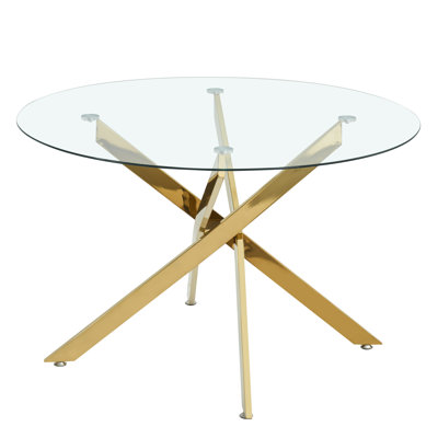Modern 47" Round Dining Table for 4 6 People, Glass Kitchen Dining Room Table with Metal Cross Legs, Space Saving Circle Dinner Tables for Dining Room, Kitchen, Living Room