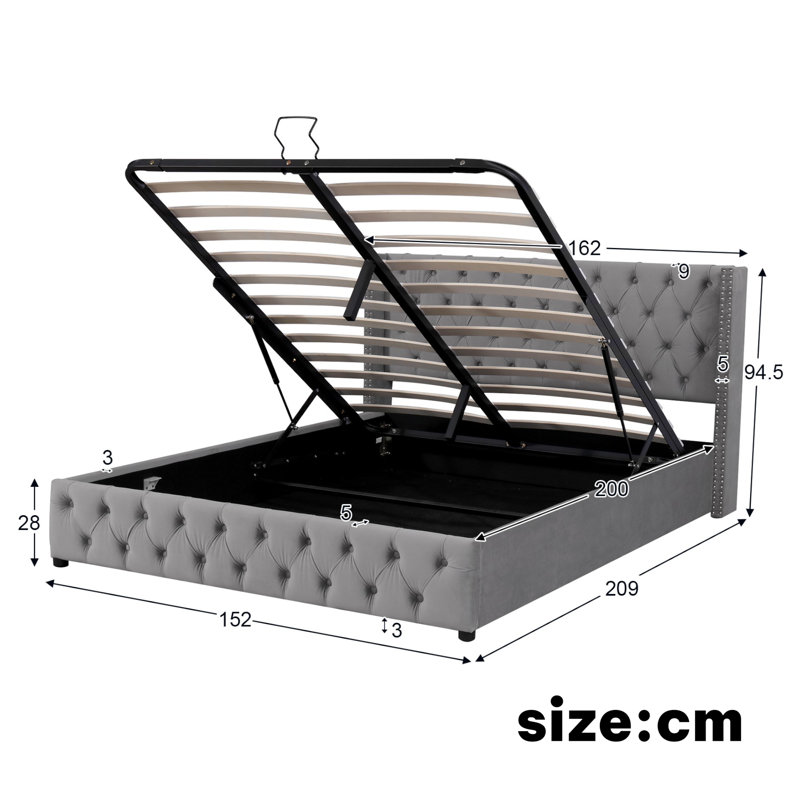 Parral Upholstered Storage Bed, Grey, Kingsize (5')