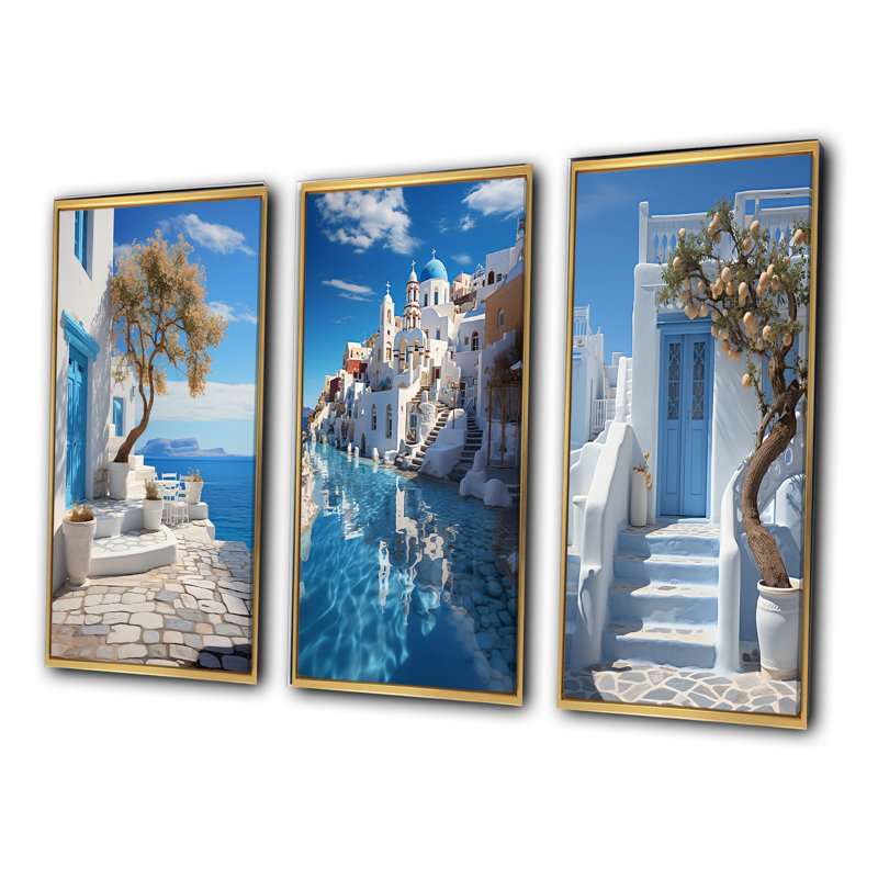 «Grèce Cycladic Harmony», 3 pièces, H 40 po x l 60 po, Encadrement doré