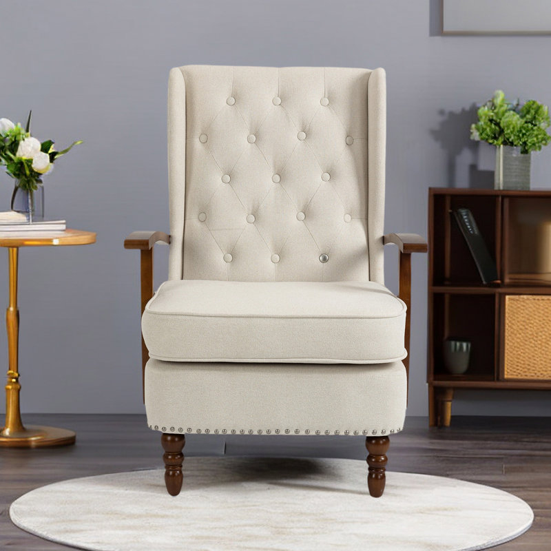 Fauteuil à oreilles rembourré Biali, Lin beige