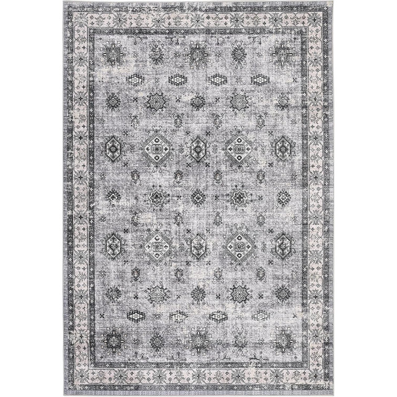 4x6FT Area Rug - Machine Washable Floral Carpet, Non-Slip Low Pile Rug for Living Room Bedroom Dining Room, Stain Resistant and Pet Friendly Black