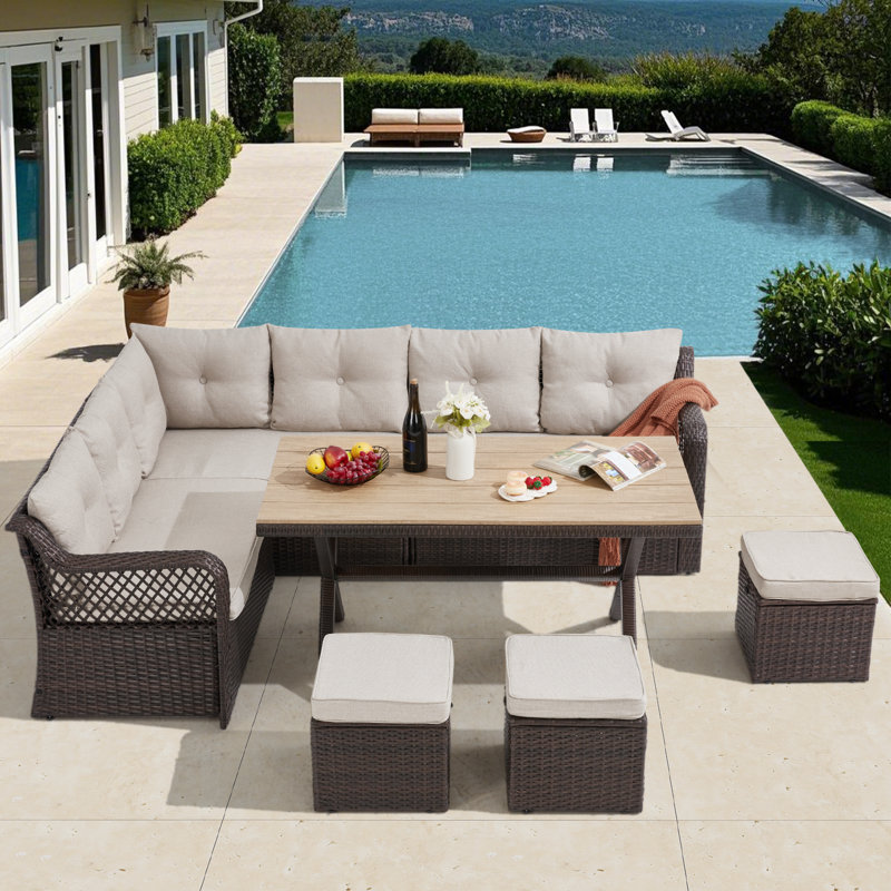 Ensemble de salle à manger d'extérieur en osier 7 pièces, ensemble de patio en rotin avec coussin, Beige