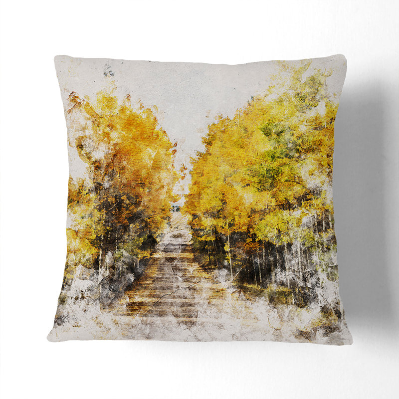 Road Through a Forest Cushion with Filling, 40cm H x 40cm W x 15cm D, Black