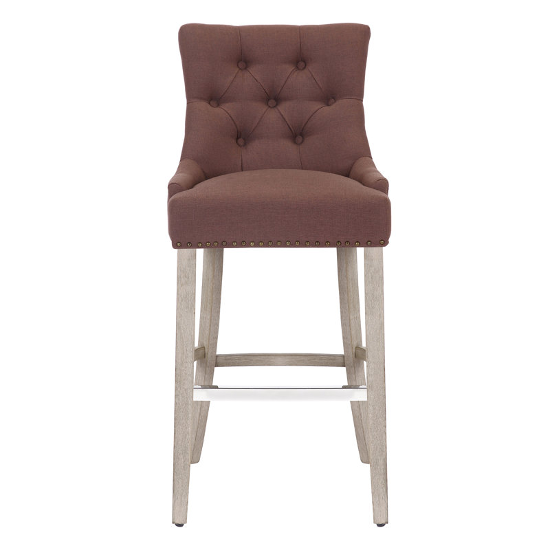 Linen Fabric Tufted Upholstered Counter Stool, Brown Linen/Antique Gray Frame, Bar Stool (29” Seat Height)